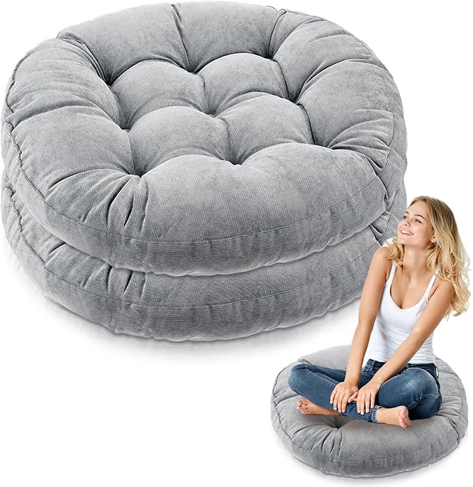 Jerify 2 Pcs Floor Pillow Cushions Large Round Square Large Meditation Floor Pillow for Classroom Adult Meditation Picnic Party Seating Learning Daycare School (Round,Light Gray)