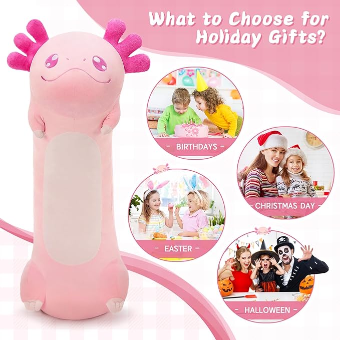 Tezituor Long Axolotl Plush Body Pillow, 39.5 Inches Giant Pink Axolotl Stuffed Animal Soft Hugging Pillow Big Salamander Toys for Girls Kids Birthday Gifts