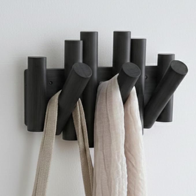 Bamboo Piano Coat Rack Wall Mount Pivoting Retractable Wooden Hooks for Entryway Hallway Mudroom Bedroom Bathroom | Matte Black Wood Hanger, 3 Hooks, Space Saving Organizer