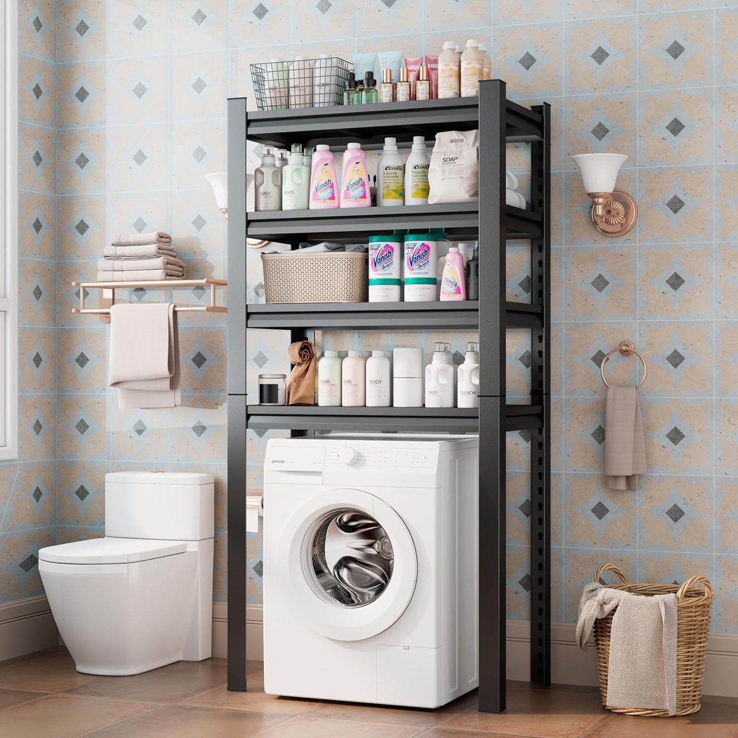 Upgraded Over The Toilet and Washer Storage Shelf,4 Tiers Laundry Room Standing Shelf,Bathroom Storage and Organizer Rack,Laundry Room Space Saver with Adjustable Shelves,39" W x 14" D x 63" H, Black