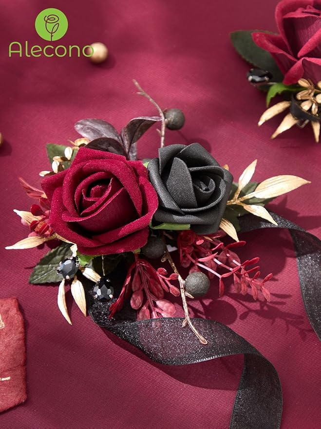 Alecono Set of 2 Wrist Corsage for Wedding, Burgundy and Black Corsages for Bride Bridesmaid, Artificial Flowers for Prom Graduation Ceremony Anniversary