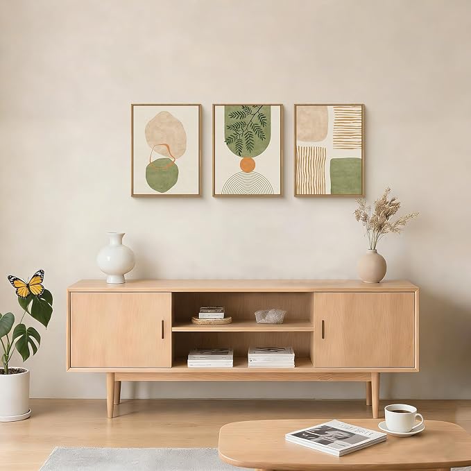 BICERE Boho Sage Green Framed Canvas Wall Art Set,Abstract Minimalist Geometric Line Wall Decor,Modern Mid Century Beige Leaf Artwork for Living Room,Bedroom,Dining Room,Office-12 x16 x3