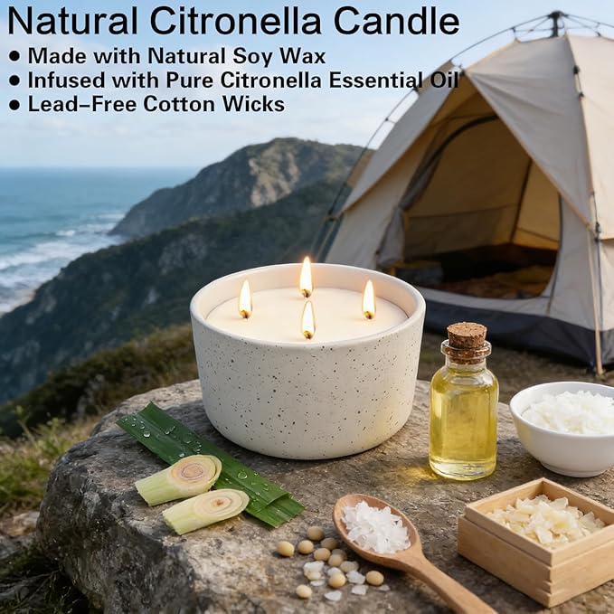 Citronella Candles Outdoor for Patio, 22oz Large 4-Wick Natural Soy Wax Candle, 100-Hour Long Lasting Citronella Oil Candle in Decorative Ceramic Jar for Backyard, Garden, Deck, Summer Nights