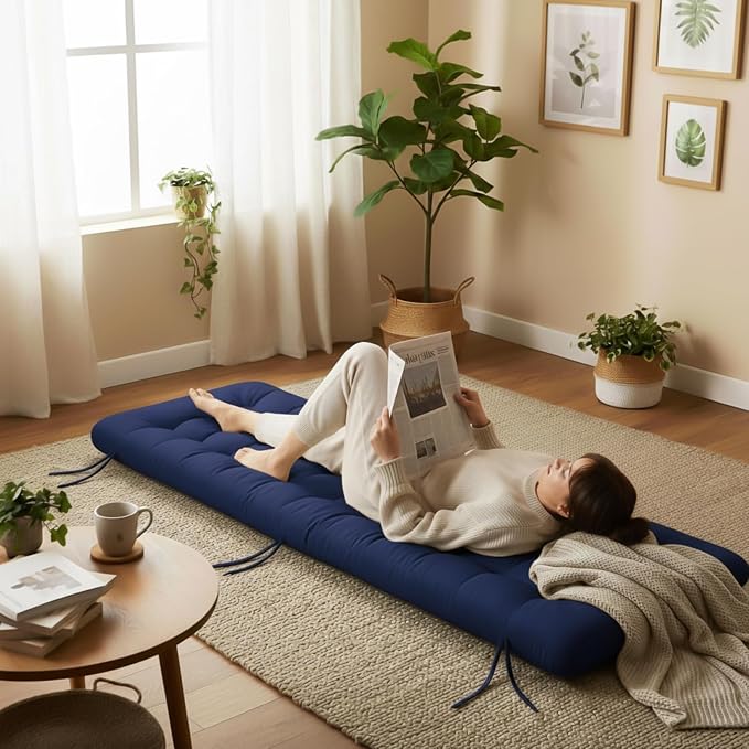 Vercraft Long Floor Cushion Large Floor Cushion with Brushed Cotton 74.8 x 27.5 x 3.15 in Jumbo Lounger Pillow for Outdoor Indoor Bay Window Meditation Yoga Reading Sleeping(1 Pc,Navy Blue)