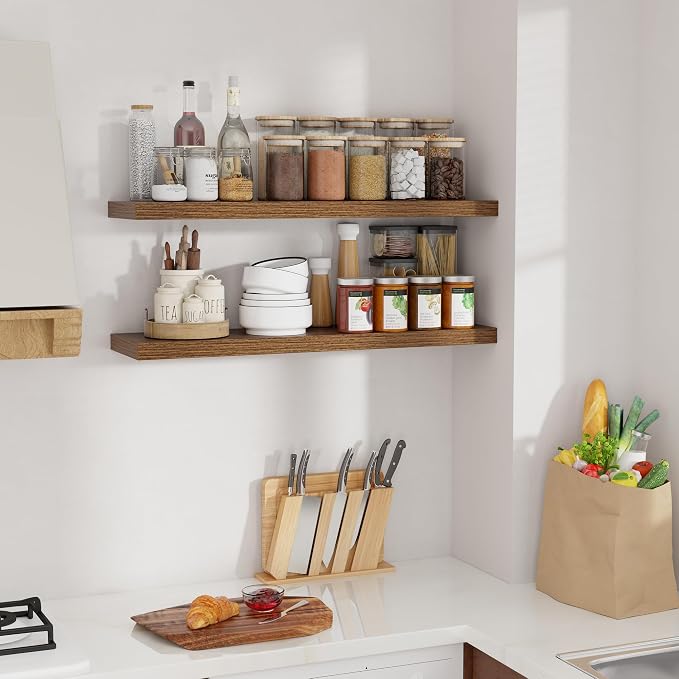 Floating Shelves for Wall, 36 inch Long Shelf, Walnut Wooden Wall Mounted Shelves for Bathroom Living Room Kitchen Bedroom Storage & Organizer, 36 x 9.3 x 1.5 in, 2 Packs