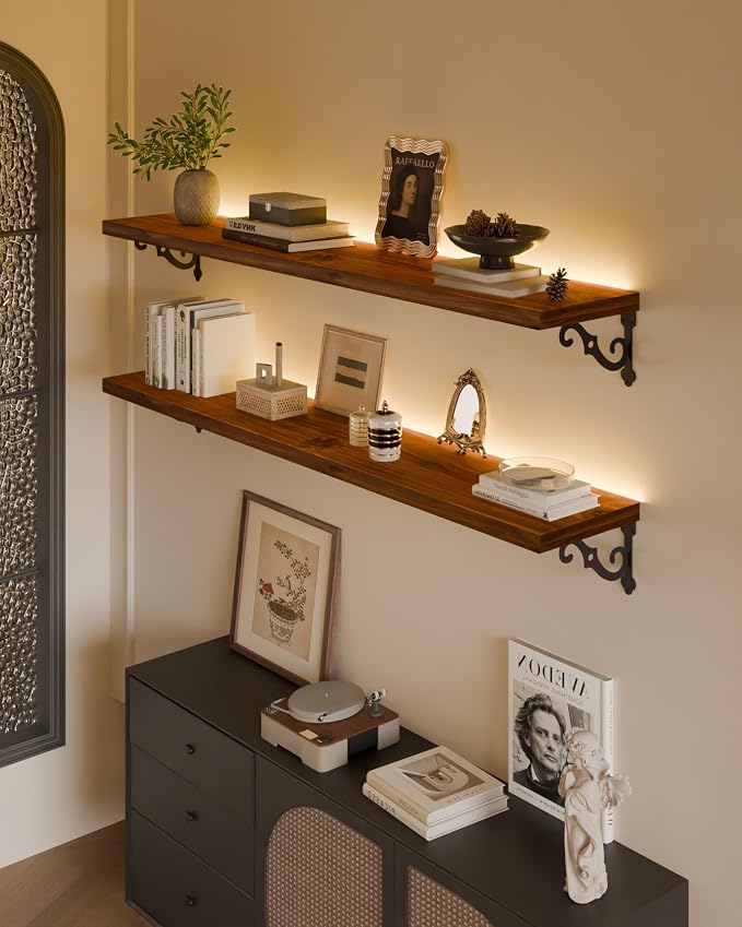 48 Inch 2 Tier Solid Wood Floating Shelves with LED Light, Metal Brackets | 48 inch solid pine shelves, 2 tier, warm LED light, walnut finish, metal brackets for books and decor