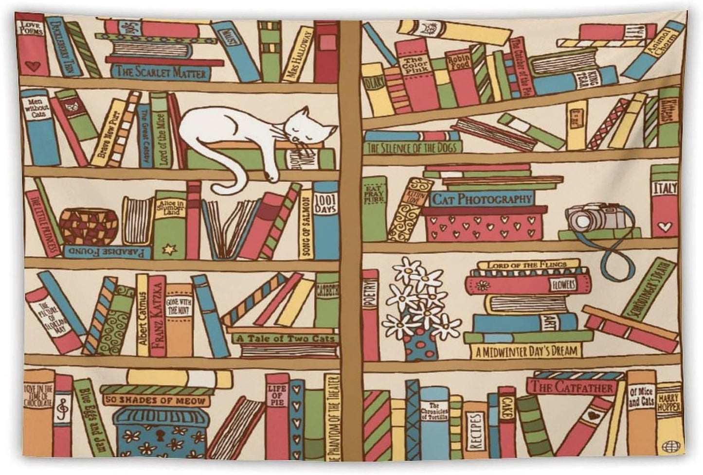 Kurtect Bookshelf Tapestry,Cute Cartoon Cat Sleeping Library Theme Pattern Print Tapestries for Party Beach Picnic Blankets Tablecloths Living Room Wall Deocr, 60x90 in