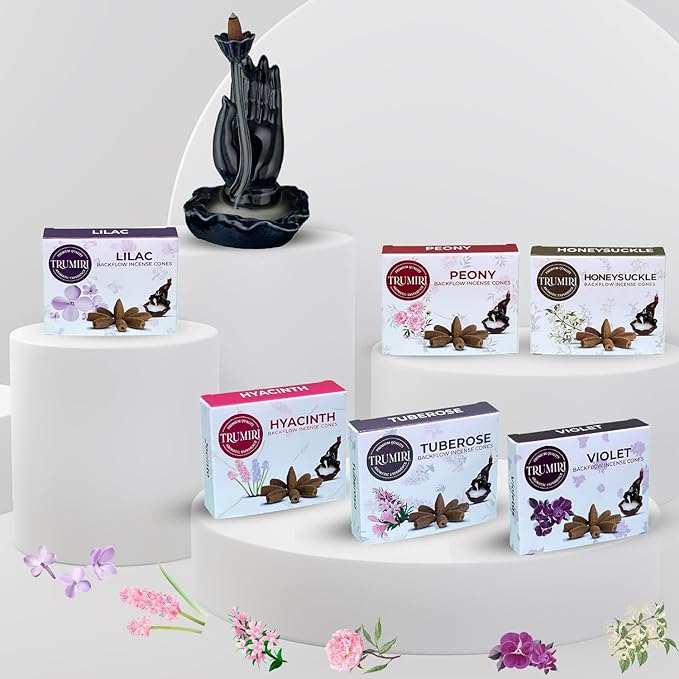 Blossom - Backflow Incense Cones for Waterfall - Scented Inscents-Cones - Peony, Lilac, Hyacinth, Tuberose, Honeysuckle, Violet - Insiensos Aromaticos - 6x10=60 Large Variety Pack