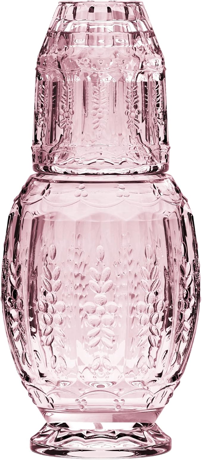 Elle Décor Vintage Bedside Water Carafe With Tumbler – Elegant Pitcher and Matching Drinking Glass Doubles As Lid For Guest Room, Office-Makes A Gift, 4.7x10.4, Pink