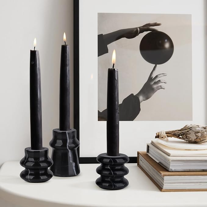 Vixdonos Marble Candle Holder Set of 3 Taper Candle Candlestick Mantle Candle Stand for Home Decor,Wedding,Party and Table Centerpieces(Black)