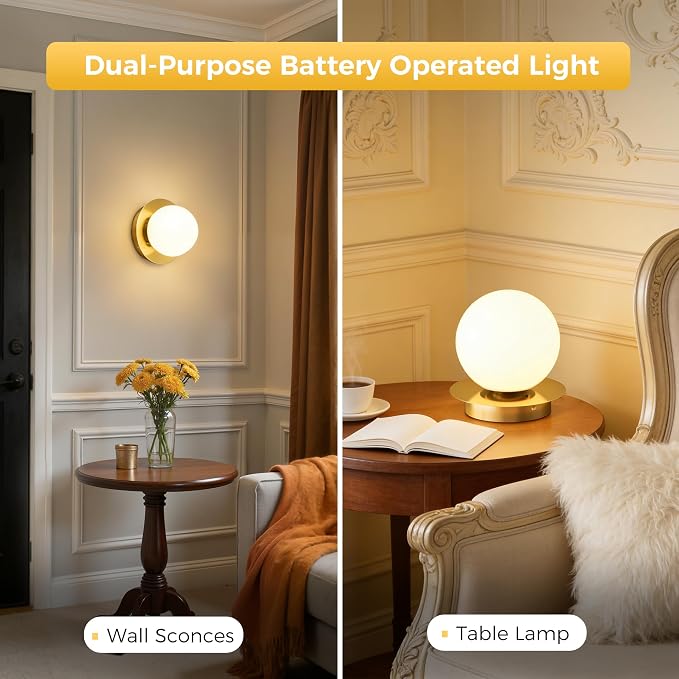L LOHAS LED Battery Operated Wall Sconce Set of 2, 2-in-1 Rechargeable 10000mAh Wireless Globe Wall Lights with Remote, 16 RGB Colors Dimmable Modern Gold Sconces for Bedroom & Living Room Decor