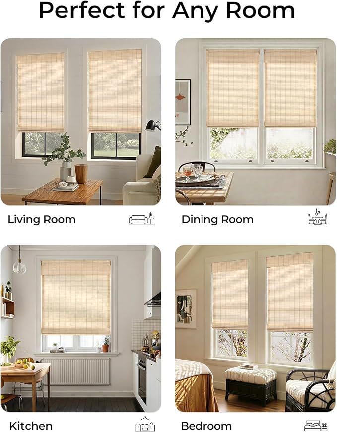 UNISHADES No Drill Cordless Bamboo Roman Shades, 27×72 in, Natural | Natural material, Light Filtering, Easy Install