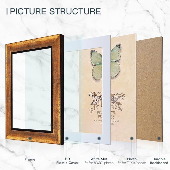 XUANLUO 1 pcs 11x14 Picture Frame with Gold Color,Rustic Retro Photo Frame with HD Plastic Cover for Wall Mount,Display Family Friends Wedding Gift