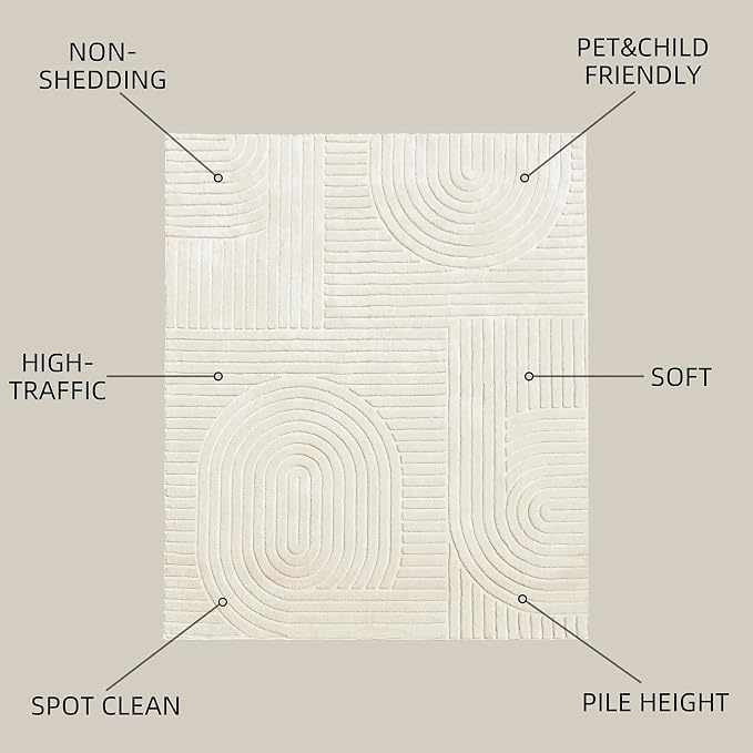 Beige 5x7 Solid Color Area Rug, Washable Rugs for Living Room Bedroom | Ultra Soft Plush Boho High-Low Pile Texture Indoor Carpet, Fluffy, Non-Slip Rugs for Bedside, Kids Room, Nursery, Home Office