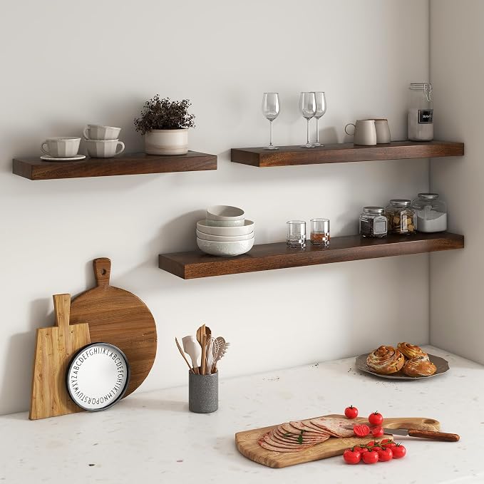 Floating Shelves for Wall, USA-Sourced Walnut Wood 32 Inch Wall Shelves Set of 2, Natural Wooden Mounted Picture Ledge Shelf, Nursery Book Storage Shelf Kids Bookshelf Display, Shelf for Bathroom