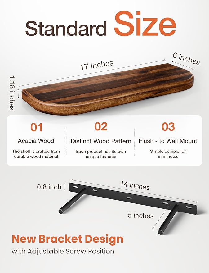 BATODA Set of 2 17" Acacia Wood Floating Shelves Wall Mounted (Round Edge) – Wooden Decorative Wall Bookshelf - Storage Shelf Organizer for Home - Black Brackets and Shelving Mounting Included(Walnut)