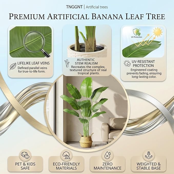 Artificial Bird of Paradise Plant：5FT Fake Traveler’s Palm Faux Banana Tree Elephant Ear Leaf Tall Silk Floor Plant in White Pot for Home Decor Indoor Office Entryway Balcony Patio café Hotel
