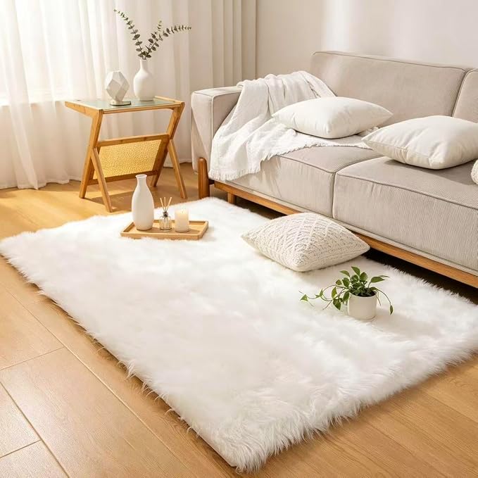 Faux Fur Rug White Sheepskin Area Rug,Ultra Soft 4x6 ft Rectangular Shaggy Plush Rug for Bedroom Sofa Floor Bedside Living Room Kids Room