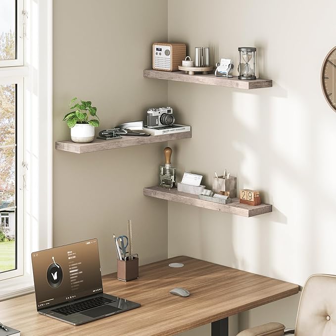 RALGEND Floating Shelves for Wall, 1.5" Thick Wall Shelf Set of 3 with Invisible Brackets, 23.6L x 7.9W Hanging Book Shelves Farmhouse Home Decor for Bathroom, Living Room, Bedroom, Greige 6301BJP3BG