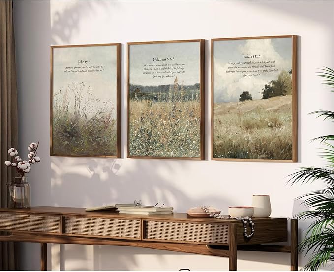 Christian Wall Art Bible Verse Canvas Poster Wildflower Wall Decor Scripture Wall Art Landscape Painting Vintage Field Prints Farmhouse Picture for Bedroom Bathroom 16x24 Inch Unframed Set of 3