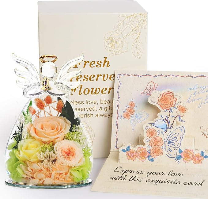 homeasy Birthday Gifts for Women Mom, Preserved Flowers Rose in Glass Angel Figurines, Forever Fresh Flowers for Delivery Gift Box with 3D Card for Grandma Wife Her