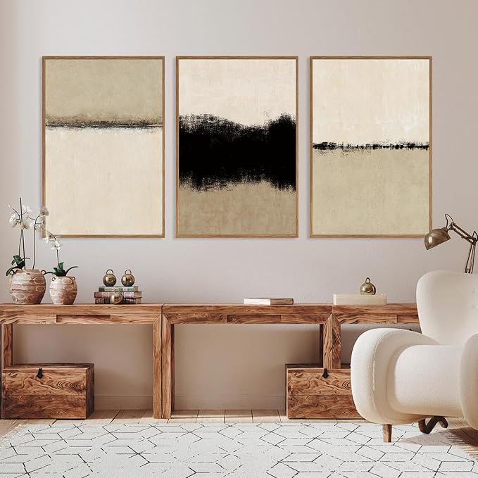 SIKERIC Large Abstract Textured Wall Art Set of 3, Minimalist Beige Framed Canvas Art Painting, Modern Textured Art Print, Neutral Paint Stroke Home Decor for Dining Room,Living Room, Office-16x24