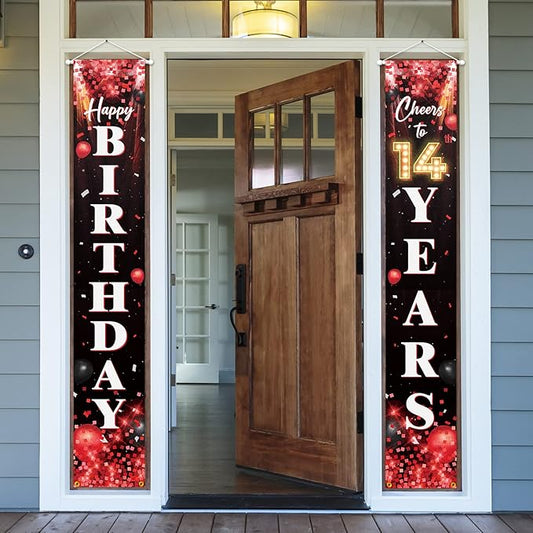 Happy 14th Birthday Porch Sign Door Banner Decor Red and Black – Glitter Cheers to 14 Years Old Birthday Party Theme Decorations for Boys Girls Supplies