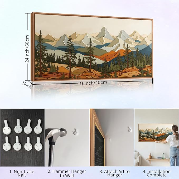 SIGNINART Vintage Mountains Framed Canvas Wall Art, Wooden Forest Wall Decor, Green Wood Pine Trees Wilderness Artwork, Natural Ridge Landscape Art Paintings for Living Room Bedroom Office 20"x40"