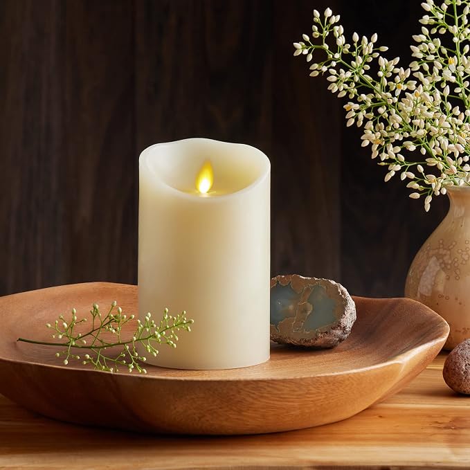 Luminara Scalloped Edge Flameless LED Candle - Ivory 3.5" x 5" - Real Wax Pillar Battery Operated Moving Flame w/Timer Unscented 1000Hr Runtime