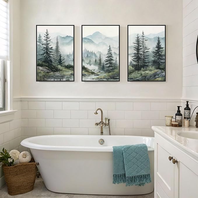 SAFERRYHOME Foggy Green Forest Wall Art, Misty Pine Tree Framed Canvas Wall Decor, Nature Landscape Painting Woodland Prints, Modern Mountain Artwork Picture for Living Room Bedroom Office, 16"x24"x3