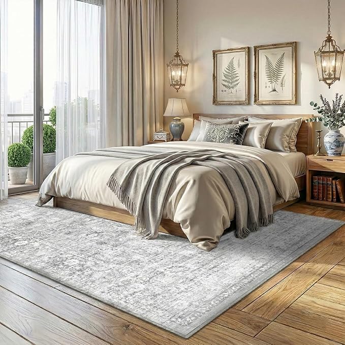 Homemate Washable Rug 9x12 Area Rugs - Vintage Faux Wool Rugs for Living Room Bedroom Dining Room - Non Slip Foldable Carpet Indoor Area Rug for Home Decor（9'x12', Grey