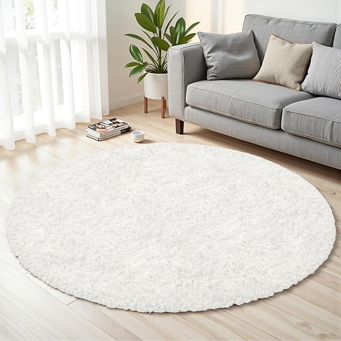 White Round Fluffy Rug 6ft,Soft Bedroom Circle Rugs Mats for Kids Girls Nursery Room,Washable Plush Shaggy Indoor Non Slip Rug for Bedside Living Room Bedroom Circular Carpet,Home Decor Aesthetic