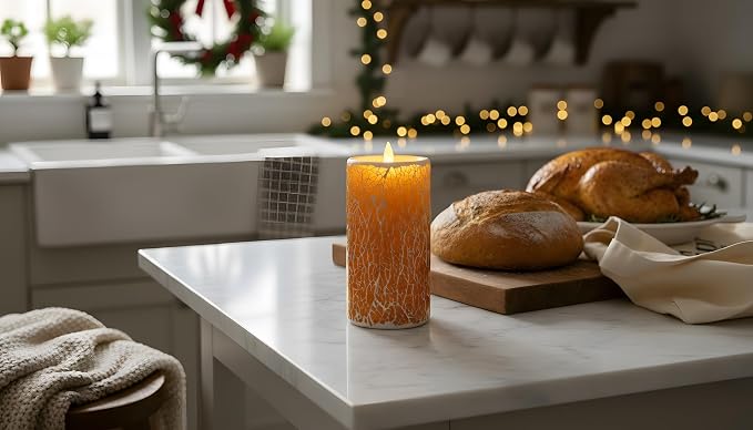 Glass Flameless Pillar Candles Flickering with Remote Timer, Battery Operated LED 3D Moving Flame Real Wax Candles,Remote Included (Honey Yellow Cracked Glass)