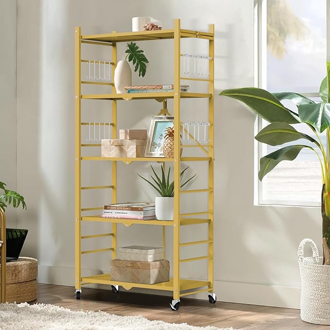 Himix Storage Shelves with 20 Hooks, 5-Tier Foldable Shelves for Storage, Folding Shelf Unit Pantry Shelves with Wheels, Standing Shelving Unit for Kitchen Garage Home Office Room Greenhouse, Gold
