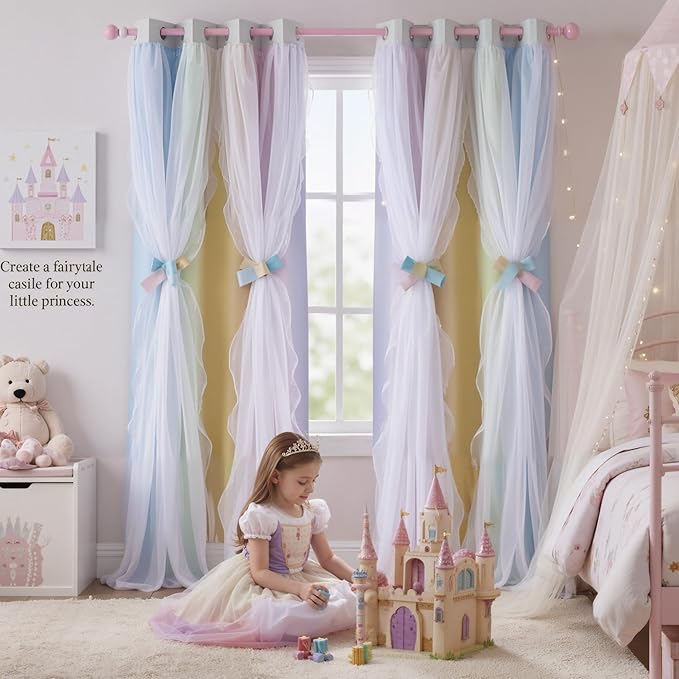 PONY DANCE Girls Curtains for Bedroom Decorative Drapes, Gradient Double Layer Curtain Ruffle Sheer Overlay Room Darkening Pretty Chic Princess, 52x84 inch, Rainbow, 2 PCs