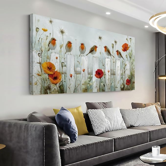Ggaafet Garden Birds Wall Art for Bedroom Canvas Oil Painting Prints Cute Sparrow on Fence Art Deco Nature Artwork Office Family Dining Room Decor