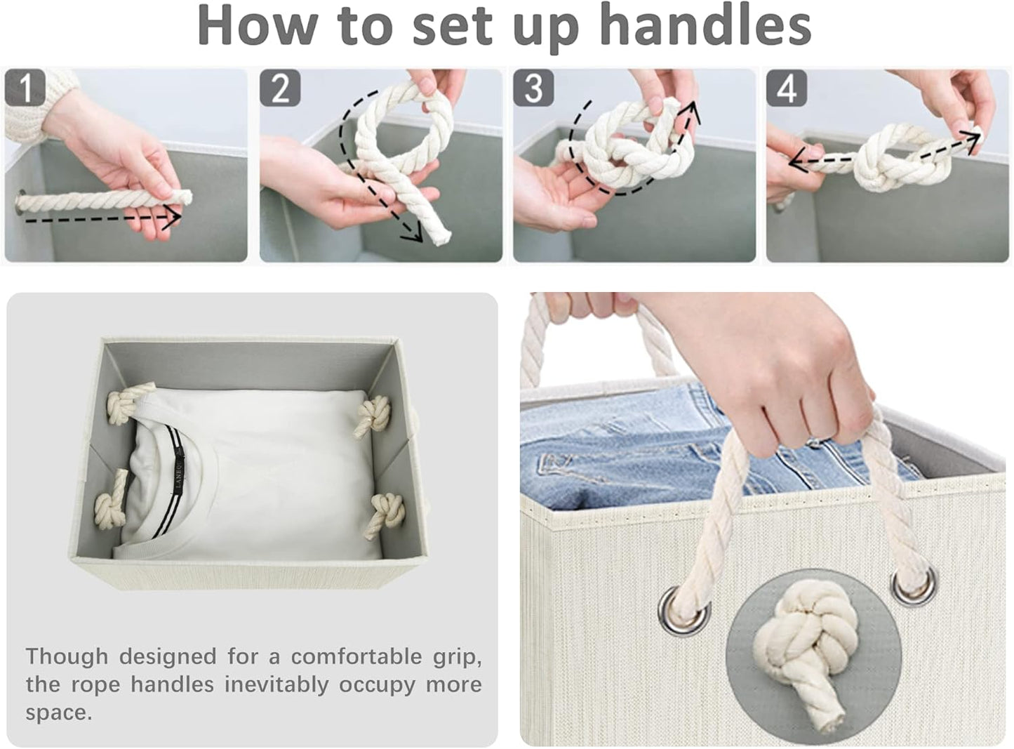 StorageWorks Storage Bins with Lids, Decorative Storage Boxes with Lid and Soft Rope Handles, Foldable Storage Baskets for Closet, Shelves, Stackable, Ivory and White, Medium, 3-Pack