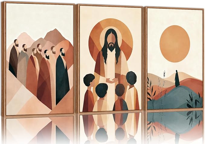 KYLESONLIE Large Jesus and Disciples Framed Canvas Wall Art Set, Boho Christian Bible Posters Wall Decor, Minimalist Religious Faith Art Paintings for Living Room Bedroom Dining Room Church 16"x24"x3