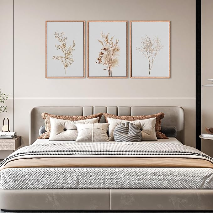Ausril Wildflower Floral Framed Canvas Wall Art Set, Beige Botanical Wall Decor, Minimalist Nature Flower Wall Painting, Modern Boho Farmhouse Art Print for Living Room, Bedroom, Office- 24"x36"x3
