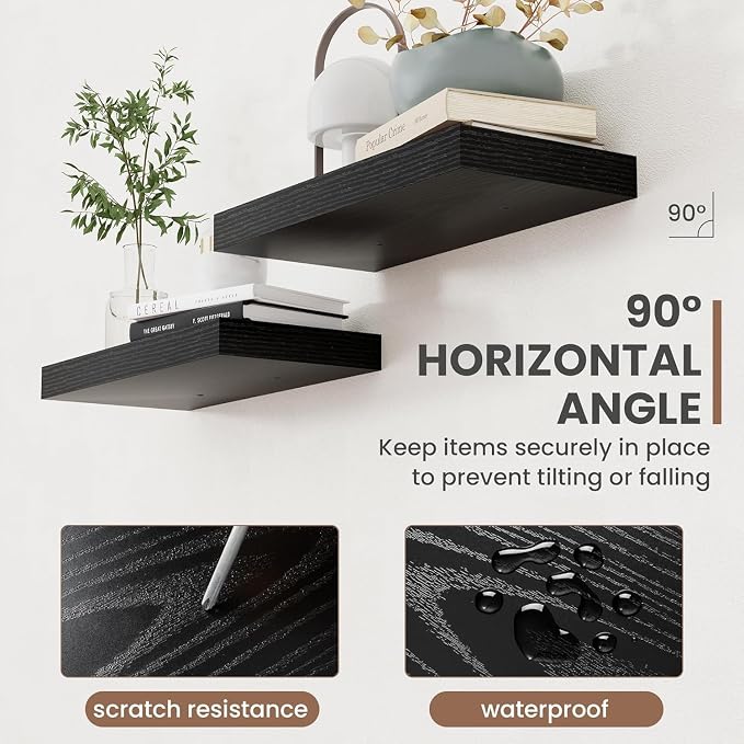 Acovy 55 Inch Floating Shelves, 8 Inch Deep Floating Shelves for Wall, Hanging Shelf with Invisible Brackets, Deep Shelves for Bathroom, Bedroom, Living Room, Black, Set of 2