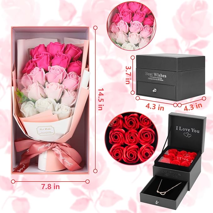 Rose Bouquet Rosas Eternas Preserved Rose Bouquet 18 Flower Bouquet with Beautiful Love Necklace, Unique Gift for Birthday, Valentine's Day, Mother's Day, Thanksgiving, Christmas, Anniversary
