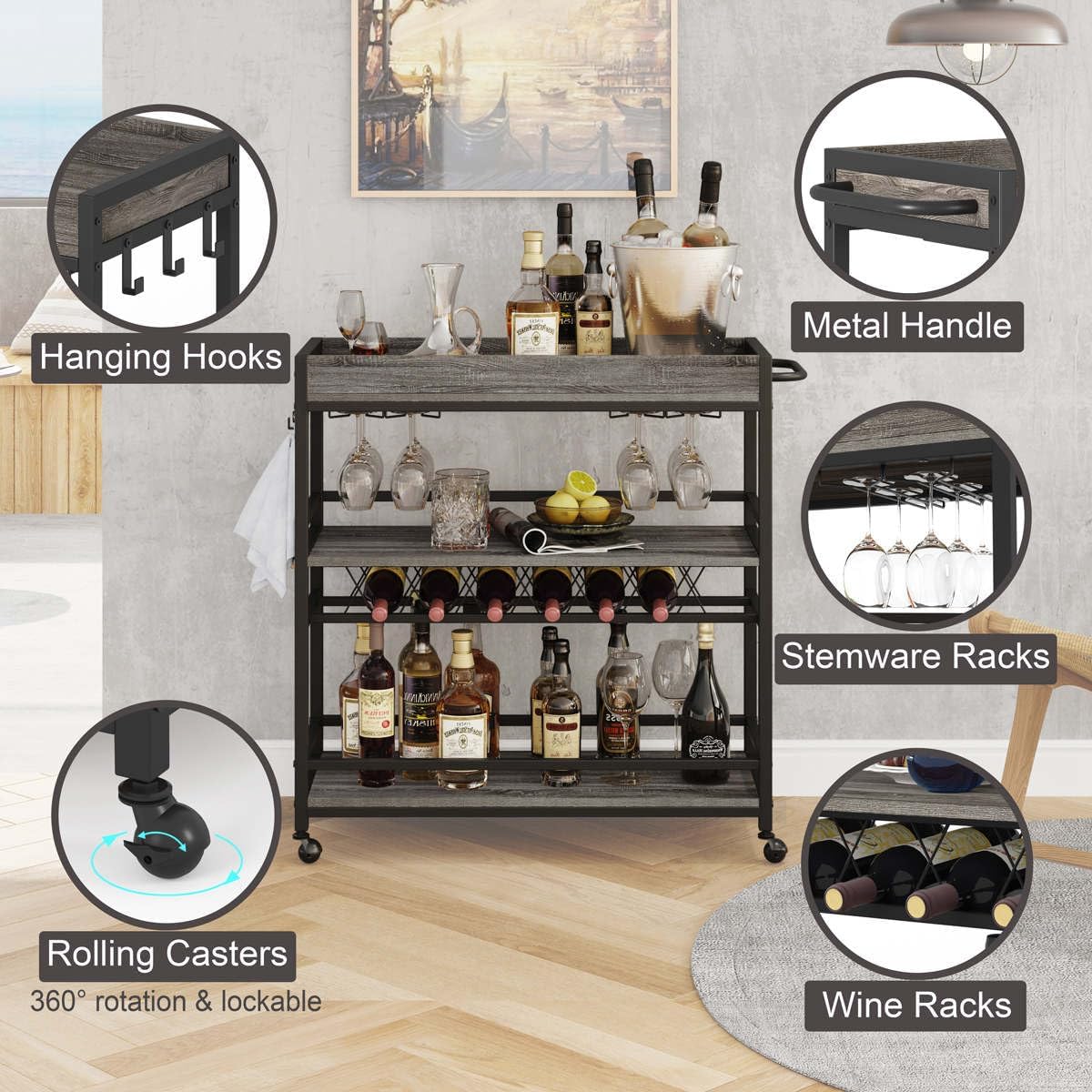 BON AUGURE Bar Cart, Home Bar Serving Cart on Wheels, Mobile 3 Tier Liquor Beverage Carts with Wine Rack and Glass Holder (Grey Oak)