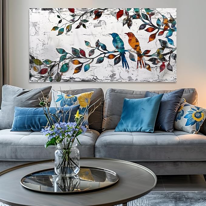 Wall Art Funny Paintings Colorful Birds on a Branch Art Mural Pop Art Home Office Wall Decor Framed Canvas Wall Decor for Living Room Ready to Hang - 71x36in