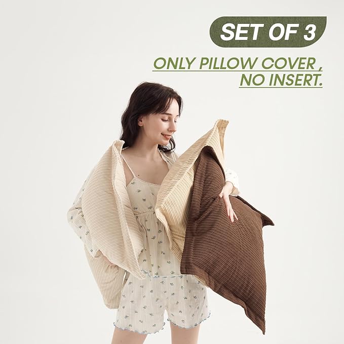 COCO TOP Pack of 3 Boho Vintage Euro Throw Pillow Covers 22x22inch, Soft-Touch Corduroy with Stripes Square Cushion Pillowcases Home Decor for Living Room Bedroom Sofa Couch(Deep Brown, Beige & Camel)