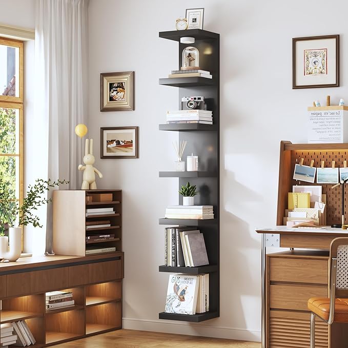 7-Tier Vertical Wall Shelf Unit with USB Rechargeable Led Light (Remote Controlled),Versatile Floating Display Shelves,Lack Style Wall Shelves for Bedroom,Living Room,Office Decor,Vanity-Black