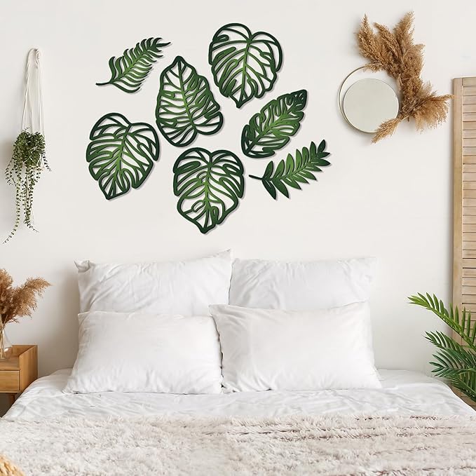 Namalu 7 Pcs Tropical Wall Decor Jungle Monstera Wall Art Boho Palm Leaf Wooden Decoration Tropical Nursery Decor Vintage Natural Monstera Leaf Plaque for Farmhouse Kitchen Bedroom Garden(Green)
