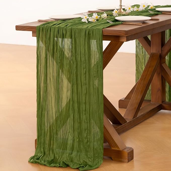 Socomi 6pcs Campsite Green Easter Spring Cheesecloth Table Runner Boho Rustic Gauze 120 inch 10FT Cheese Cloth Runner for Wedding Party Baby Shower Birthday Home Decor Holiday Decorations