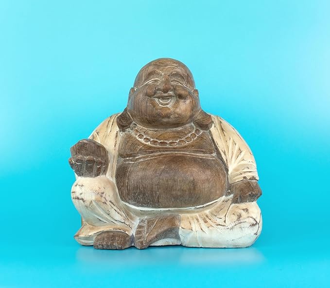 G6 Collection 8" Wooden Whitewashed Laughing Happy Buddha Statue Hand Carved Smiling Sitting Sculpture Handmade Figurine Decoration Home Decor Accent Handcrafted Art Happy Buddha (White Washed)