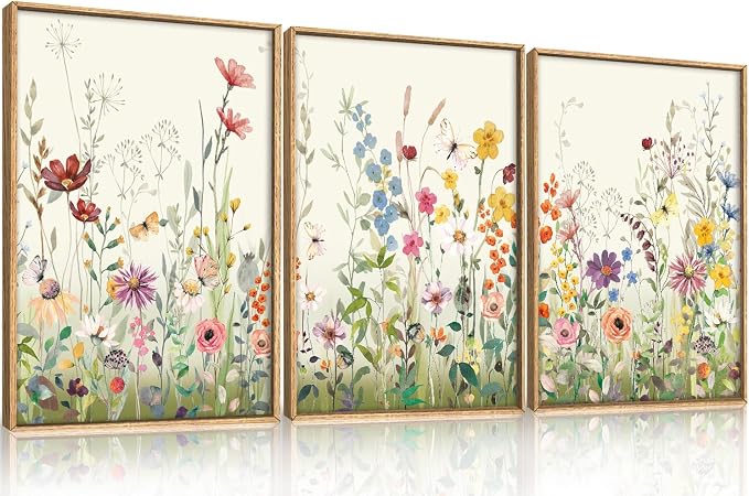 Large Watercolor Colorful Wildflower Framed Canvas Wall Art Set,Modern Natural Floral Botanical Wall Decor,Vibrant Flower Butterfly Landscape Artwork for Living Room, Bedroom,Office- 16"x24"x3