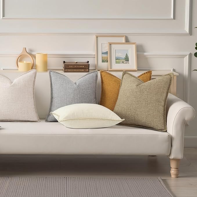 decorUhome Summer Decorative Throw Pillow Covers 22x22 Set of 2 Square Faux Linen Farmhouse Euro Sham Pillow Covers with Stitched Edge Outdoor Neutral Pillow Covers for Couch Sofa Living Room, Khaki